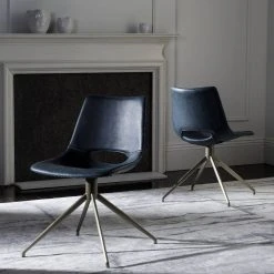 Danube Midcentury Modern Leather Swivel Dining Chair In Blue/Brass - Safavieh ACH7001B-SET2
