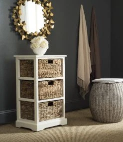 Halle 3 Wicker Basket Storage Side Table In Distressed White - Safavieh AMH5738B