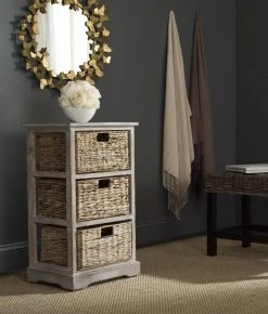 Halle 3 Wicker Basket Storage Side Table In Vintage White - Safavieh AMH5738E