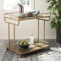 Dawson 2 Tier Rectangle Bar Cart In Rustic Oak/Gold - Safavieh BCT6200C