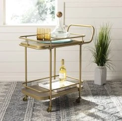 Gaia 2 Tier Rectangle Bar Cart In Rustic Oak/Gold - Safavieh BCT6201B