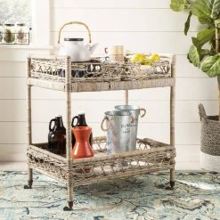 Ambrose 2 Tier Rattan Bar Cart In Grey Wash/Antique Brass - Safavieh BCT6500A