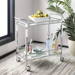 Ingrid 2 Tier Rectangle Bar Cart In Chrome - Safavieh BCT8000A