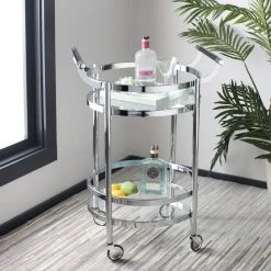 Sienna 2 Tier Round Bar Cart In Chrome - Safavieh BCT8001C