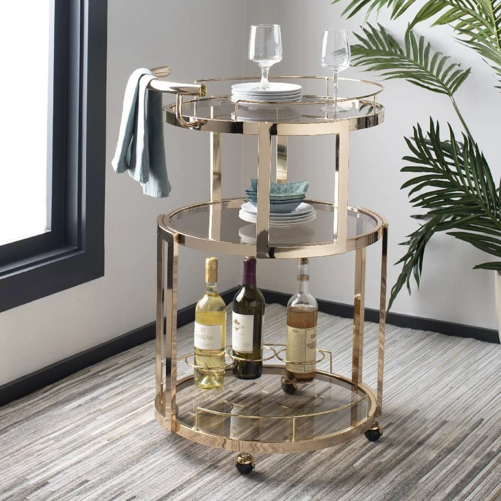 Rio 3 Tier Round Bar Cart & Wine Rack In Gold/Tinted Glass - Safavieh BCT8002A 3 Rio 3 Tier Round Bar Cart & Wine Rack In Gold/Tinted Glass - Safavieh BCT8002A