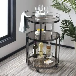 Rio 3 Tier Round Bar Cart & Wine Rack In Gun Metal/Tinted Glass - Safavieh BCT8002B