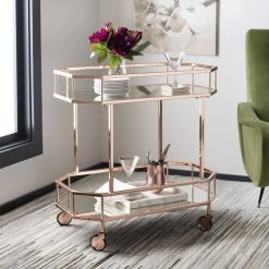 Silva 2 Tier Octagon Bar Cart In Rose Gold/Mirror - Safavieh BCT8004A