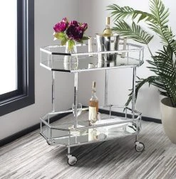 Silva 2 Tier Octagon Bar Cart In Silver/Mirror - Safavieh BCT8004B