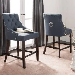 Eleni Tufted Wing Back Counter Stool In Navy (Set Of 2) - Safavieh BST6305C-SET2