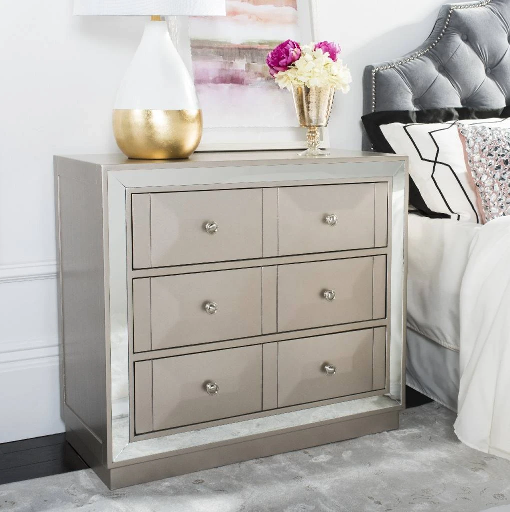 Sloane 3 Drawer Chest In Champagne/Nickel/Mirror - Safavieh CHS6401A 3 Sloane 3 Drawer Chest In Champagne/Nickel/Mirror - Safavieh CHS6401A