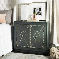Erin 2 Door Chest In Steel Teal Linen/Gold/Mirror - Safavieh CHS6408C
