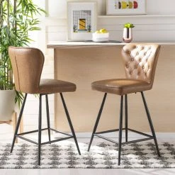 Ashby 26"H Mid Century Modern Leather Tufted Swivel Counter Stool In Camel/Black (Set Of 2) - Safavieh FOX1702D-SET2