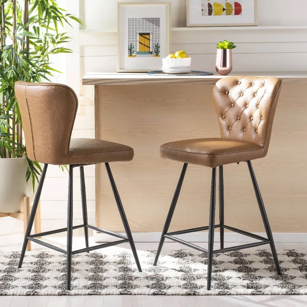 Ashby 26"H Mid Century Modern Leather Tufted Swivel Counter Stool In Camel/Black (Set Of 2) - Safavieh FOX1702D-SET2 3 Ashby 26"H Mid Century Modern Leather Tufted Swivel Counter Stool In Camel/Black (Set Of 2) - Safavieh FOX1702D-SET2