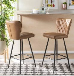 Aster 30"H Mid Century Modern Leather Tufted Bar Stool In Camel/Black (Set Of 2) - Safavieh FOX1703B-SET2