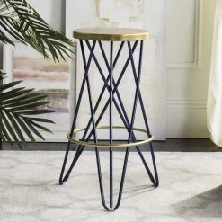 Lorna Gold Leaf Bar Stool In Navy/Gold - Safavieh FOX3254B