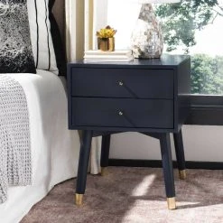 Lyla Mid Century Retro Gold Cap Nightstand In Navy/Gold/Navy - Safavieh FOX6234A