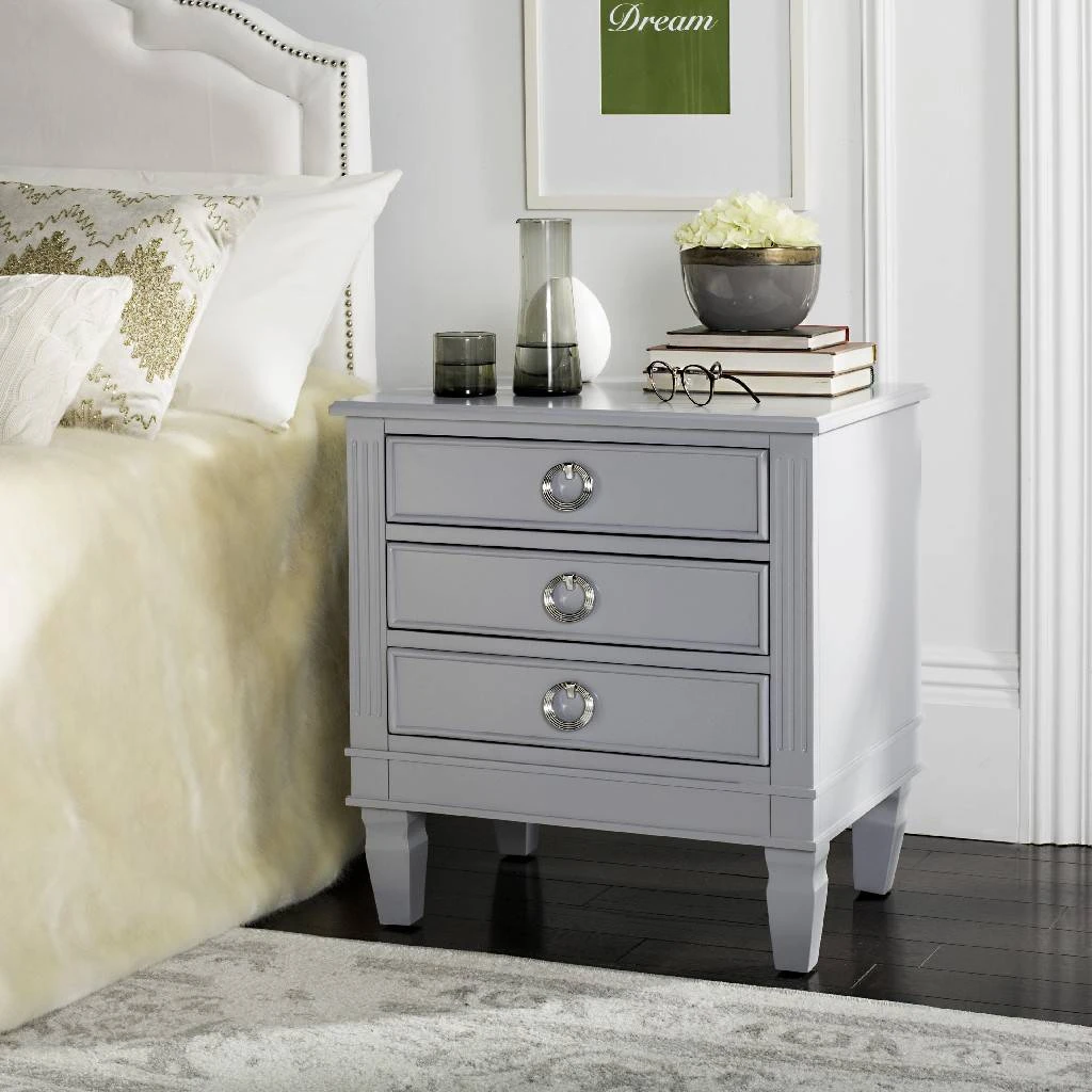 Kira Three Drawer Night Stand In Grey - Safavieh FOX6276C 3 Kira Three Drawer Night Stand In Grey - Safavieh FOX6276C