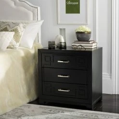 Raina Three Drawer Greek Key Night Stand In Black - Safavieh FOX6278B