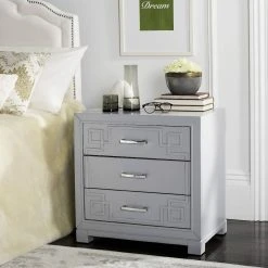 Raina Three Drawer Greek Key Night Stand In Grey - Safavieh FOX6278C
