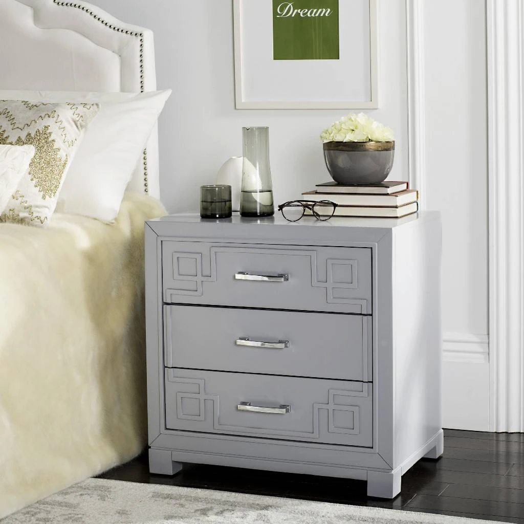 Raina Three Drawer Greek Key Night Stand In Grey - Safavieh FOX6278C
