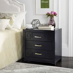 Raina Three Drawer Greek Key Night Stand In Navy - Safavieh FOX6278D