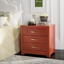 Raina Three Drawer Greek Key Night Stand In Red - Safavieh FOX6278E