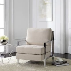 Walden Modern Tufted Linen Chrome Accent Chair In Beige - Safavieh FOX6279A