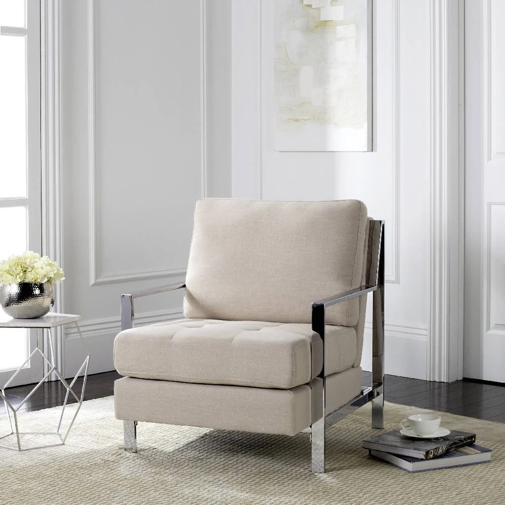 Walden Modern Tufted Linen Chrome Accent Chair In Beige - Safavieh FOX6279A 3 Walden Modern Tufted Linen Chrome Accent Chair In Beige - Safavieh FOX6279A