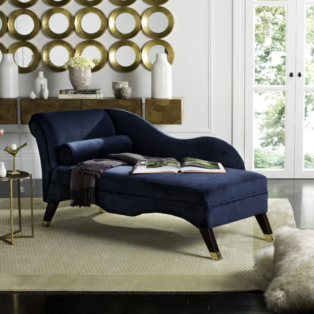 Caiden Vevlet Chaise W/ Pillow In Navy/Espresso - Safavieh FOX6284A 3 Caiden Vevlet Chaise W/ Pillow In Navy/Espresso - Safavieh FOX6284A