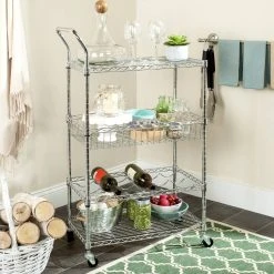 Carmen 4 Tier Chrome Wire Adjustable Cart In Chrome - Safavieh HAC1003A