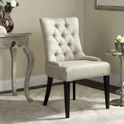 Amanda 19''H Linen Tufted Chair - Nickel Nail Heads In Antique Gold/Espresso - Safavieh MCR4515D