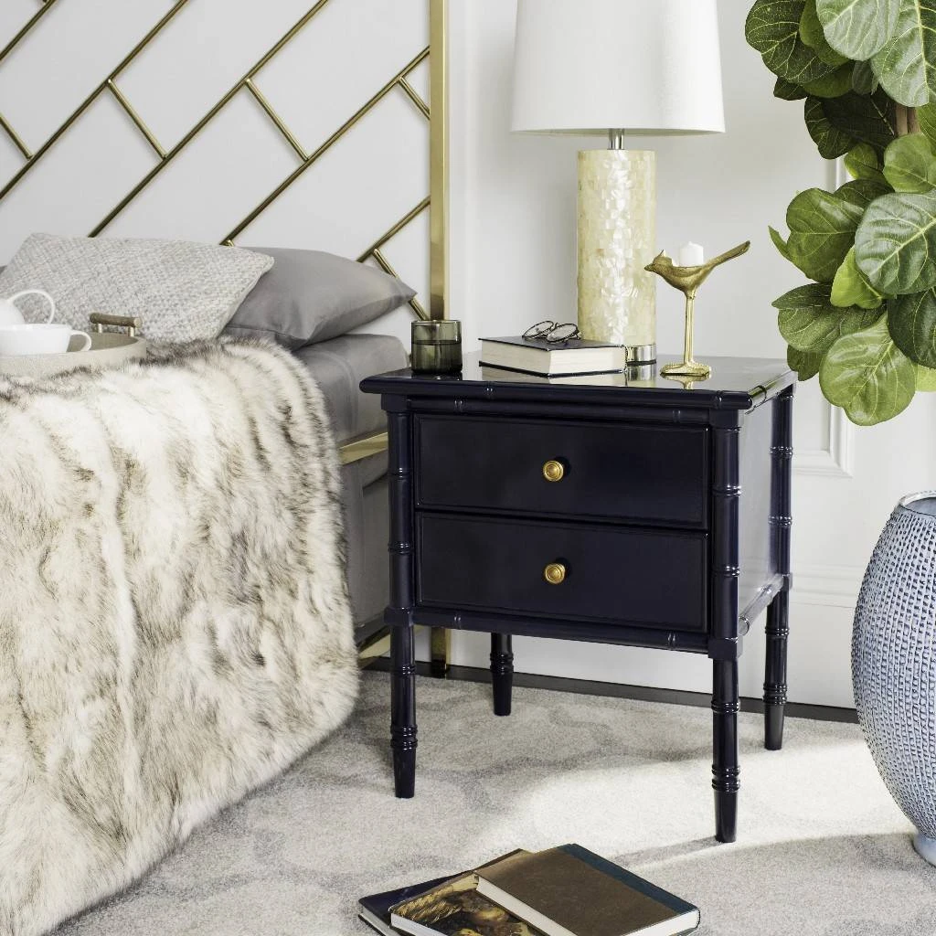 Mina Modern Coastal 2 Drawer 25" H Bamboo Nightstand In Navy - Safavieh NST3501A 3 Mina Modern Coastal 2 Drawer 25" H Bamboo Nightstand In Navy - Safavieh NST3501A