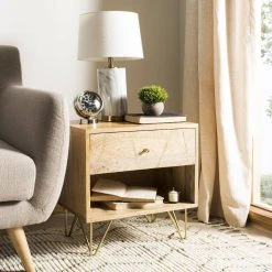 Marigold Nightstand In Natural/Brass - Safavieh NST9001A