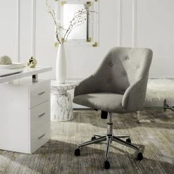 Evelynn Tufted Linen Chrome Leg Swivel Office Chair In Grey/Chrome - Safavieh OCH4502A