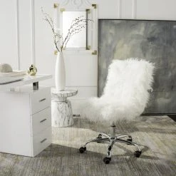 Whitney Faux Sheepskin Chrome Leg Swivel Office Chair In White/Chrome - Safavieh OCH4505A