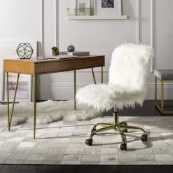 Whitney Faux Sheepskin Gold Leg Swivel Office Chair In White/Gold - Safavieh OCH4505B
