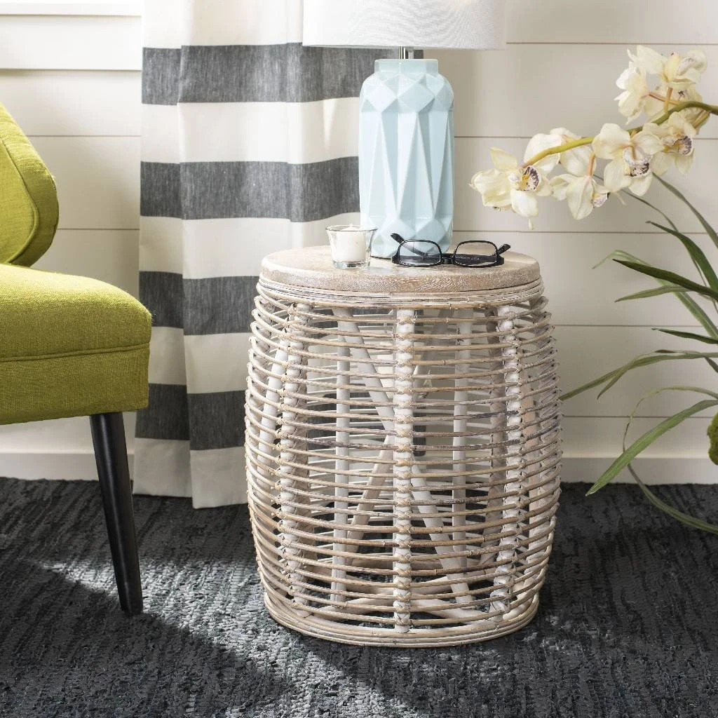 Maui Rattan Drum Stool Table In Grey White Wash - Safavieh STL6500A 3 Maui Rattan Drum Stool Table In Grey White Wash - Safavieh STL6500A