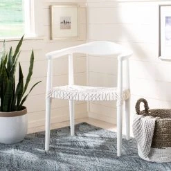 Juneau Leather Woven Accent Chair In White/Off-White - Safavieh ACH1003B