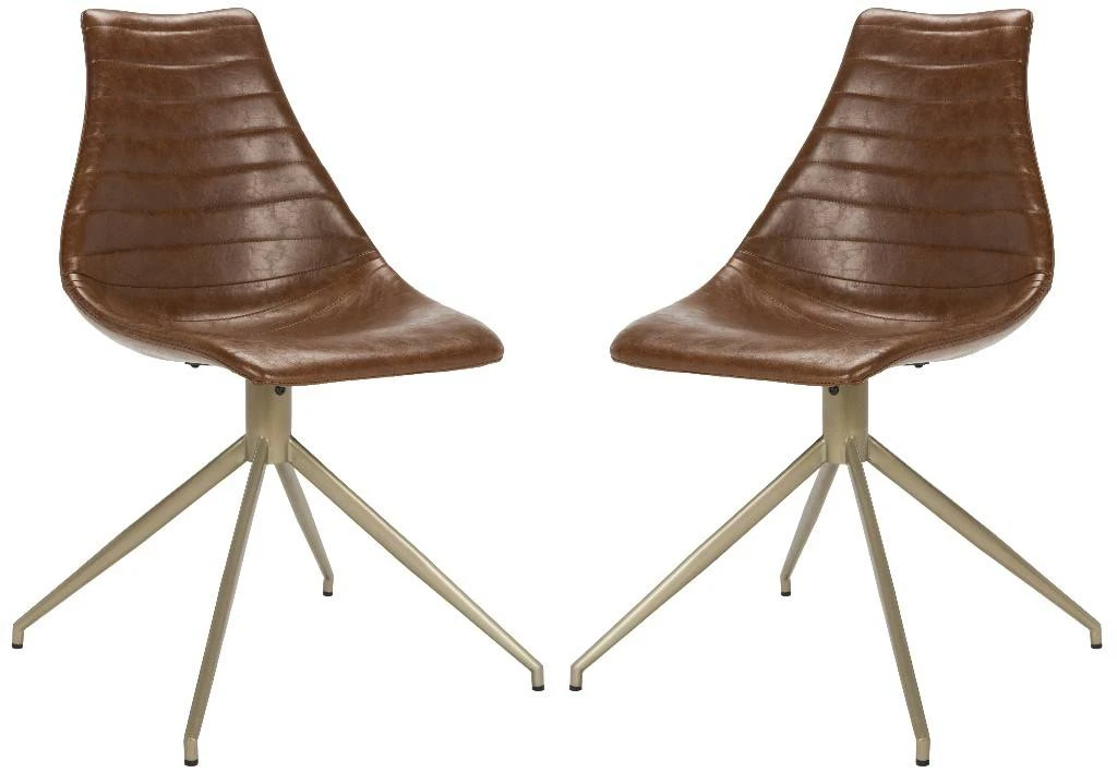 Lynette Midcentury Modern Leather Swivel Dining Chair In Light Brown/Brass - Safavieh ACH7006A-SET2 3 Lynette Midcentury Modern Leather Swivel Dining Chair In Light Brown/Brass - Safavieh ACH7006A-SET2