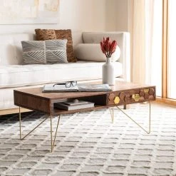 Raveena Coffee Table In Walnut/Brass - Safavieh COF9002A