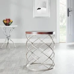 Phoebe Silver Ribboned Round Top Accent Table In Cherry/Silver - Safavieh FOX2506A