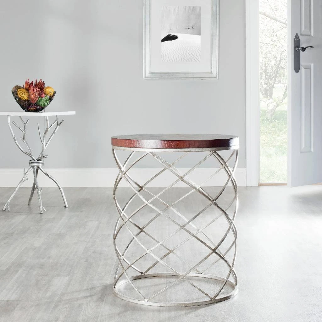 Phoebe Silver Ribboned Round Top Accent Table In Cherry/Silver - Safavieh FOX2506A 3 Phoebe Silver Ribboned Round Top Accent Table In Cherry/Silver - Safavieh FOX2506A