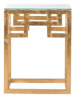 Byram Greek Key Glass Top End Table In Antique Gold - Safavieh FOX2574A -Safavieh Homeware 187 fox2574a front