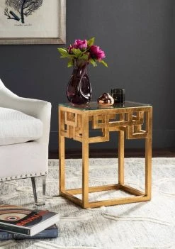 Byram Greek Key Glass Top End Table In Antique Gold - Safavieh FOX2574A