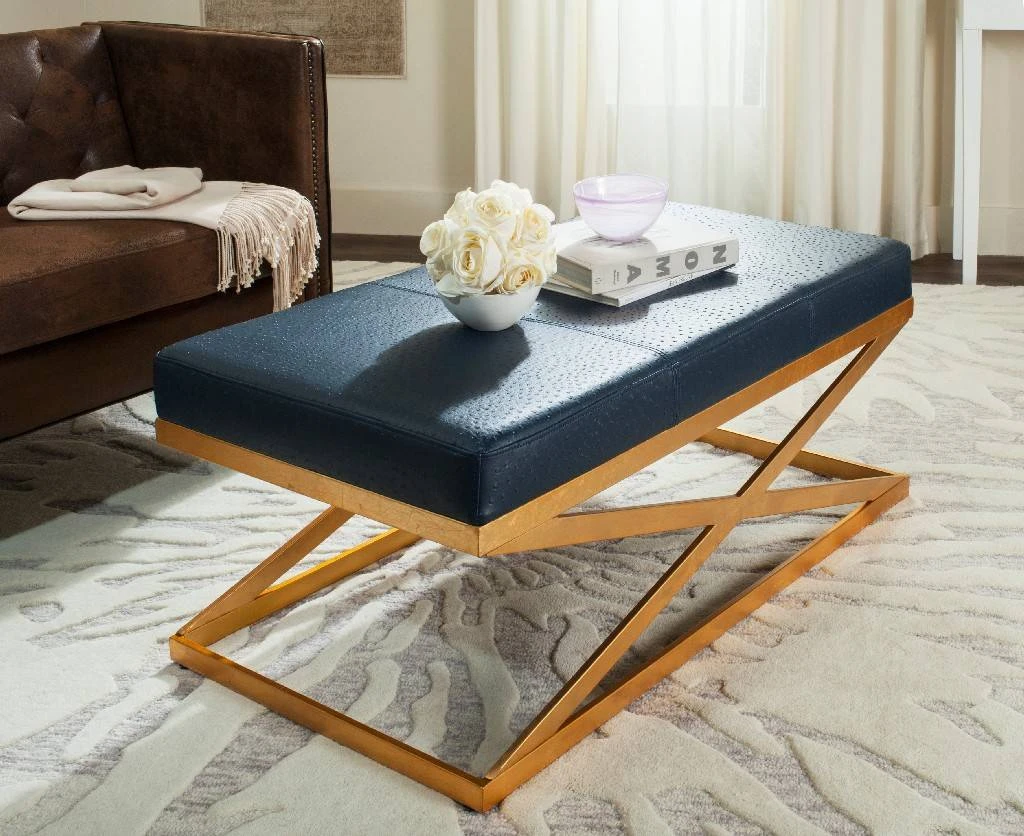 Alexes Faux Ostrich Bench In Navy/Gold - Safavieh FOX6252B 3 Alexes Faux Ostrich Bench In Navy/Gold - Safavieh FOX6252B