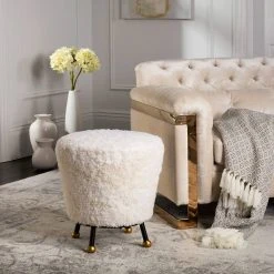 Oriana Retro Sheepskin Ottoman In Beige - Safavieh FOX6261A