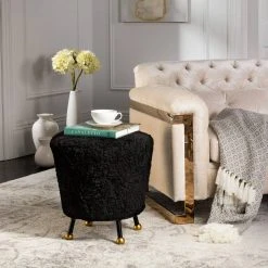 Oriana Retro Sheepskin Ottoman In Black - Safavieh FOX6261B