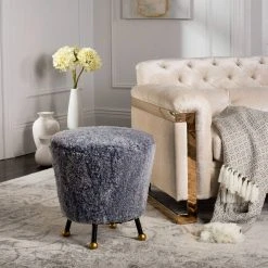 Oriana Retro Sheepskin Ottoman In Light Blue - Safavieh FOX6261C