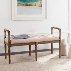 Raiden Linen Rustic Oak Bench In Beige/Rustic Oak - Safavieh FOX6263A