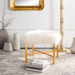 Horace Faux Sheepskin X- Square Bench In White - Safavieh FOX6267B